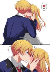 Rule 34 | 1boy, 1girl, absurdres, ahoge, artist name, back, black vest, blonde hair, blue eyes, blue jacket, blush, brother and sister, collared jacket, collared shirt, commentary, cross, eleazarmikai, embarrassed, english commentary, english text, fingernails, french kiss, grey skirt, hair between eyes, hand up, heart, highres, hoshino aquamarine, hoshino ruby, incest, jacket, kiss, lips, long hair, long sleeves, looking at another, necktie, one side up, open clothes, open jacket, open mouth, oshi no ko, pink eyes, red necktie, school uniform, shirt, short hair, siblings, sidelocks, simple background, skirt, speech bubble, standing, star-shaped pupils, star (symbol), symbol-shaped pupils, tongue, twins, vest, white background, white shirt, youtou high school uniform