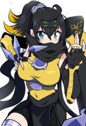 Rule 34 | 1girl, ahoge, bare shoulders, black hair, blonde hair, breasts, duel monster, elbow gloves, forehead protector, gloves, gradient hair, green eyes, highres, kunai, large breasts, multicolored hair, ninja, ponytail, s-force rappa chiyomaru, s:p little knight, sleeveless, sleeveless turtleneck, solo, thighhighs, turtleneck, wadatsumi (sense11531153), weapon, yu-gi-oh!