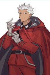 Rule 34 | 1boy, adjusting clothes, adjusting gloves, archer (fate), belt, black belt, dark-skinned male, dark skin, fate/extra, fate (series), gloves, highres, jacket, jacket on shoulders, looking at viewer, male focus, official alternate costume, pants, red pants, sa kamichi, short hair, simple background, smile, solo, white background, white hair