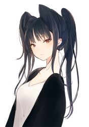 Rule 34 | 1girl, black hair, black jacket, blush, breasts, brown eyes, closed mouth, earrings, jacket, jewelry, long hair, looking at viewer, lpip, open clothes, open jacket, original, ponytail, shirt, sidelocks, simple background, small breasts, solo, white background, white shirt