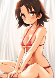 Rule 34 | 1girl, backlighting, bikini, blush, breasts, brown eyes, brown hair, cleavage, closed mouth, commentary, covered erect nipples, curtains, girls und panzer, hands on legs, indian style, looking at viewer, medium breasts, micro bikini, navel, parted bangs, pink bikini, rebirth42000, sawa azusa, short hair, sitting, skindentation, smile, solo, swimsuit, v arms
