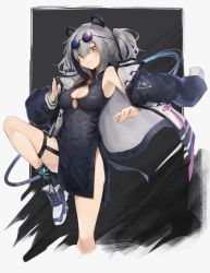 Rule 34 | 1girl, absurdres, animal ears, arknights, bare legs, bare shoulders, black dress, black jacket, china dress, chinese clothes, commentary, dress, eyewear on head, feater (arknights), highres, infection monitor (arknights), jacket, laz (ackf3885), long hair, long sleeves, looking at viewer, material growth, open clothes, open jacket, oripathy lesion (arknights), panda ears, shoes, silver hair, sleeveless, sleeveless dress, smile, sneakers, solo, standing, standing on one leg, sunglasses, thigh strap, thighs, twintails, yellow eyes