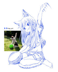 Rule 34 | 1girl, :p, absurdres, animal ears, arm up, artist logo, artist name, barefoot, cat, cat ears, cat girl, cat tail, commentary, creature and personification, full body, highres, long hair, midriff, motion lines, nisp art, original, pen (medium), russian commentary, shirt, short sleeves, shorts, simple background, sitting, solo, tail, tongue, tongue out, wariza, water balloon, white background
