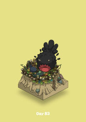 Rule 34 | absurdres, broken horn, commentary request, creature, diorama, gozz, highres, horns, isometric, leaf, log, nest, no humans, open mouth, original, yellow background