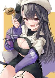Rule 34 | 1girl, absurdres, azur lane, between legs, black skirt, breasts, candy, cleavage cutout, clothing cutout, commentary, dot nose, drawstring, fang, food, garter straps, hair between eyes, hand between legs, hat, heart, highres, holding, holding candy, holding food, holding lollipop, hood, hood down, jack-o&#039;-lantern, large breasts, leer.meer, lollipop, long hair, long sleeves, looking at viewer, miniskirt, nail polish, official alternate costume, open mouth, pamiat merkuria (azur lane), pamiat merkuria (chic and cheeky) (azur lane), pink eyes, purple nails, raised eyebrow, shiny skin, shrug (clothing), skin fang, skirt, sleeves past wrists, smile, solo, tail, thighs, white hat, zipper pull tab