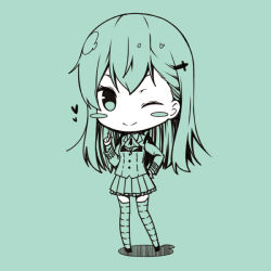 Rule 34 | 10s, 1girl, aqua background, ascot, blazer, blush stickers, chibi, commentary request, female focus, green theme, hair ornament, hairclip, hand on own hip, hand up, heart, index finger raised, jacket, kantai collection, kouji (campus life), limited palette, long hair, looking at viewer, monochrome, one eye closed, pleated skirt, school uniform, shadow, simple background, skirt, smile, solo, suzuya (kancolle), teal background, thighhighs