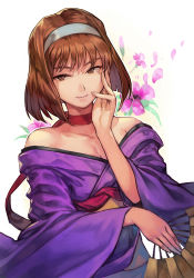 Rule 34 | 1girl, bare shoulders, breasts, brown eyes, brown hair, cleavage, hairband, hand fan, hand on own face, holding, holding fan, hungry clicker, japanese clothes, kanzaki sumire, looking at viewer, looking to the side, mole, mole under eye, sakura taisen, sega, short hair, small breasts, solo