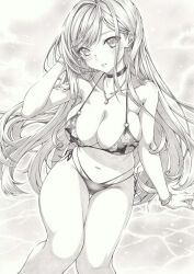 Rule 34 | 1girl, bikini, breasts, choker, cleavage, commentary request, earrings, floral print, graphite (medium), jewelry, kitagawa marin, large breasts, legs, long hair, mikuro, monochrome, navel, necklace, solo, sono bisque doll wa koi wo suru, swimsuit, traditional media, water