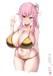 Rule 34 | 1girl, alternate breast size, bikini, breasts, cleavage, cowboy shot, cropped legs, gold bikini, hair flaps, harusame (kancolle), huge breasts, kantai collection, large breasts, lowleg, lowleg bikini, navel, pink hair, red eyes, ribbon, side ponytail, simple background, solo, swimsuit, tf cafe, twitter username, waving, white background