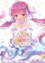 Rule 34 | 1girl, :d, absurdres, bare shoulders, blue flower, blue hair, blue rose, blush, bouquet, breasts, colored inner hair, commentary request, confetti, cowboy shot, detached collar, dress, earrings, floating hair, flower, frilled thighhighs, frills, hair ribbon, highres, holding, holding bouquet, hololive, jewelry, large breasts, long hair, looking at viewer, minato aqua, minato aqua (aqua iro super dream), multicolored hair, necklace, open mouth, pink eyes, pink flower, pink hair, red flower, ribbon, rose, shokorate, smile, solo, standing, thighhighs, tiara, twintails, virtual youtuber, wedding dress, white background, white dress, white flower, white thighhighs
