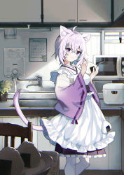 Rule 34 | 1girl, ahoge, animal ear fluff, animal ears, apron, blush, cat ears, cat girl, cat tail, closed mouth, commentary request, food, frilled skirt, frills, hair between eyes, highres, holding, holding food, hololive, indoors, japanese clothes, kimono, kitchen, long sleeves, looking at viewer, microwave, negiyan, nekomata okayu, nekomata okayu (new year), official alternate costume, onigiri, pantyhose, plate, purple eyes, purple hair, ribbon-trimmed sleeves, ribbon trim, rice cooker, sink, skirt, solo, tail, virtual youtuber, white apron, white pantyhose, wide sleeves