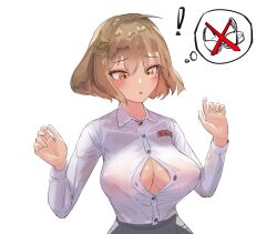 Rule 34 | !, 1girl, :o, anis (nikke), blush, breasts, brown eyes, brown hair, cleavage, collared shirt, goddess of victory: nikke, hair ornament, high-waist skirt, highres, k.uncomfortable, large breasts, no bra, parted lips, partially unbuttoned, shirt, short hair, simple background, skirt, solo, white background, white shirt