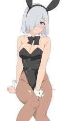 Rule 34 | 1girl, absurdres, animal ears, black bow, black bowtie, black leotard, blue eyes, bow, bowtie, breasts, brown pantyhose, cleavage, detached collar, grey hair, hair ornament, hair over one eye, hairclip, hamakaze (kancolle), highres, invisible chair, kantai collection, large breasts, leotard, maonatten, pantyhose, playboy bunny, rabbit ears, short hair, simple background, sitting, smile, solo, strapless, strapless leotard, white background, wrist cuffs