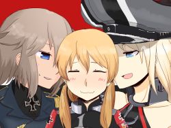 Rule 34 | 3girls, :3, bad id, bad pixiv id, bare shoulders, bismarck (kancolle), bismarck (warship girls r), blonde hair, blue eyes, blush, cross, crossover, girl sandwich, hat, historical name connection, iron cross, kantai collection, long hair, low twintails, military, military hat, military uniform, multiple girls, name connection, nb (pixiv594732), peaked cap, prinz eugen (kancolle), sandwiched, short hair, twintails, uniform, warship girls r, wavy mouth, yuri