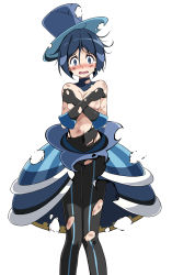 Rule 34 | 1girl, :o, bare shoulders, battle chatelaine, black gloves, black pantyhose, blue eyes, blue hat, blush, breasts, bruise, cleavage, commentary, covering breasts, covering privates, creatures (company), crossed arms, crying, crying with eyes open, detached collar, dress, evelyn (pokemon), game freak, gloves, hair between eyes, hands over breasts, hat, injury, large breasts, looking at viewer, messy hair, navel, nintendo, no bra, no shirt, open mouth, pantyhose, pokemon, pokemon xy, short hair, simple background, solo, standing, tears, top hat, torn clothes, torn dress, torn gloves, torn pantyhose, tsukishiro saika, white background