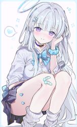 Rule 34 | 0202ase, 1girl, absurdres, black skirt, blue archive, blue choker, blush, buttons, choker, closed mouth, collared shirt, feet out of frame, grey hair, halo, heart, highres, long hair, looking at viewer, mechanical halo, noa (blue archive), pleated skirt, purple eyes, shirt, skirt, smile, socks, solo, spoken heart, white shirt, white socks