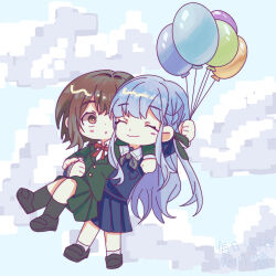 Rule 34 | 2girls, arm around neck, balloon, bang dream!, bang dream! it&#039;s mygo!!!!!, black footwear, black socks, blue hair, blue shirt, blue skirt, brown eyes, brown hair, chibi, chibi only, chinese commentary, closed eyes, closed mouth, collared shirt, commentary request, duibuqi wo shenme ye shuo bu chukou, green jacket, green skirt, haneoka school uniform, highres, holding, holding balloon, jacket, long hair, long sleeves, multiple girls, neck ribbon, parted lips, pleated skirt, red ribbon, ribbon, school uniform, shirt, short hair, skirt, smile, socks, takamatsu tomori, togawa sakiko, white shirt, white socks