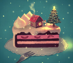 Rule 34 | cake, cake slice, chimney, christmas, christmas lights, christmas ornaments, christmas tree, commentary request, food, food focus, fork, fruit, house, icing, no humans, original, pood1e, snowman, strawberry