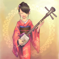 Rule 34 | 1girl, brown hair, instrument, japanese clothes, katayama kotetsu, kimono, music, plectrum, shamisen, solo