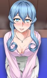 Rule 34 | 1girl, akito (sub707), alternate costume, blue eyes, blue hair, blush, breasts, casual, cleavage, from above, gotland (kancolle), hair between eyes, highres, jewelry, kantai collection, long hair, looking at viewer, medium breasts, mole, mole under eye, necklace, pink shirt, shirt, sitting, skirt, smile, solo