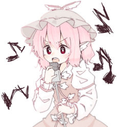 Rule 34 | 1girl, animal ears, beamed sixteenth notes, bird ears, blush, brown dress, brown hat, dress, eighth note, hair between eyes, hat, kimi (artist), long sleeves, microphone, microphone stand, music, musical note, mystia lorelei, open mouth, pink hair, red eyes, short hair, simple background, singing, solo, touhou, upper body, white background, winged hat