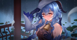 Rule 34 | 1girl, absurdres, bare shoulders, bell, bird, black gloves, blue hair, blush, bow, breasts, chenghuzongsi, commission, detached sleeves, ganyu (genshin impact), genshin impact, gloves, hand on own chest, highres, horns, large breasts, long hair, looking at viewer, multicolored eyes, neck bell, nose blush, pixiv commission, purple eyes, rain, sideboob, sidelocks, skindentation, solo, towel, upper body, wet, wet clothes, white sleeves