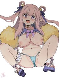 Rule 34 | 1girl, aqua panties, blush, breasts, breasts out, breath, bridal garter, cheering, cheerleader, choker, cleavage, collarbone, dated, hatsune (princess connect!), hatsune (summer) (princess connect!), head tilt, heart, heart-shaped pupils, high heels, highres, holding, holding pom poms, large breasts, long hair, looking at viewer, lying, navel, nipples, on back, open mouth, panties, pink hair, pointy ears, pom pom (cheerleading), pom poms, princess connect!, purple eyes, rkrk, short eyebrows, signature, simple background, solo, spread legs, star (symbol), star choker, stomach, symbol-shaped pupils, two side up, underwear, very long hair, white background