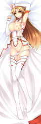 Rule 34 | 10s, 1girl, arm up, armpits, asuna (sao), bare shoulders, bed sheet, breasts, brown eyes, brown hair, cleft of venus, clitoris, dakimakura (medium), dean (momodean), detached sleeves, full body, groin, highres, large breasts, legs, long hair, long image, long legs, lying, nipples, no shoes, pussy, skirt, unworn skirt, solo, sword art online, tall image, thighhighs, thighs, uncensored, white thighhighs