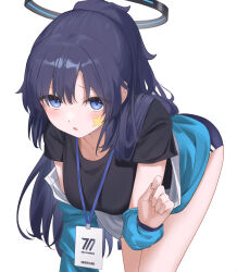 Rule 34 | 1girl, :o, black shirt, blue archive, blue eyes, blue jacket, blush, breasts, buruma, collarbone, enpido, halo, highres, jacket, jacket partially removed, lanyard, leaning forward, looking at viewer, medium breasts, ponytail, purple hair, shirt, simple background, solo, star sticker, sticker on face, white background, yuuka (blue archive), yuuka (track) (blue archive)