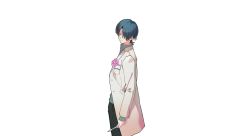 Rule 34 | 1boy, absurdres, bad id, bad pixiv id, black pants, blue hair, blue sweater, boutonniere, closed mouth, coat, commentary request, copyright request, cowboy shot, dobunomeme, expressionless, flower, from side, hair over one eye, highres, holding scalpel, id card, lab coat, long sleeves, looking at viewer, male focus, pants, pink flower, short hair, simple background, solo, sweater, turtleneck, turtleneck sweater, white background, white coat, yellow eyes