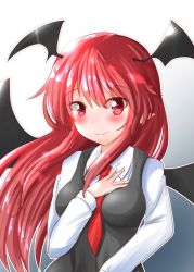 Rule 34 | 1girl, bat wings, black dress, blush, breasts, closed mouth, collared shirt, dress, head wings, highres, koakuma, long hair, long sleeves, looking at viewer, medium breasts, necktie, oshiaki, pointy ears, red eyes, red hair, red necktie, shirt, smile, solo, touhou, upper body, white shirt, wings