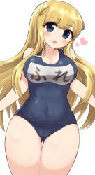 Rule 34 | 1girl, alternate costume, blonde hair, blue eyes, blue one-piece swimsuit, breasts, commentary request, cowboy shot, double bun, fletcher (kancolle), gluteal fold, hair bun, highres, kantai collection, large breasts, long hair, looking at viewer, name tag, one-piece swimsuit, school swimsuit, simoyuki, simple background, smile, solo, swimsuit, thigh gap, white background