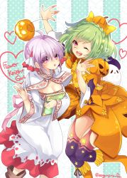 Rule 34 | 2girls, ;d, ahoge, book, boots, bow, braid, breasts, cleavage, copyright name, crown braid, cyclamen (flower knight girl), dress, flower knight girl, food-themed clothes, food-themed hair ornament, ghost, green hair, hair bow, hair ornament, hair ribbon, heart, ibuki hasu, knee boots, layered sleeves, light purple hair, looking at viewer, multiple girls, one eye closed, open mouth, orange eyes, orange footwear, orange skirt, panties, pepo (flower knight girl), pink bow, pumpkin hair ornament, purple eyes, purple legwear, ribbon, short hair, skirt, smile, striped, striped background, thighhighs, thighhighs under boots, twitter username, underwear, white dress, yellow bow, yellow panties