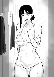 Rule 34 | 1girl, black hair, breasts, chainsaw man, fujou joshi, greyscale, hair ornament, hairclip, higashiyama kobeni, highres, looking at mirror, looking at viewer, medium breasts, mirror, monochrome, open mouth, short hair, short ponytail, simple background, single sidelock, solo, sweat, underwear, white background