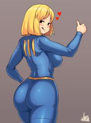 Rule 34 | 1girl, artist name, ass, blonde hair, blue jumpsuit, blush, breasts, fallout (series), fallout 4, heart, highres, jmg, jumpsuit, large breasts, looking at viewer, looking back, medium hair, mob face, naughty face, sideboob, smile, solid oval eyes, thighs, thumbs up, tongue, tongue out, vault girl, vault suit