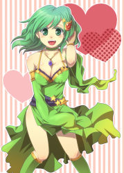 Rule 34 | 1990s (style), 1girl, breasts, cleavage, detached sleeves, final fantasy, final fantasy iv, green eyes, green hair, heart, jewelry, leotard, matching hair/eyes, medium breasts, necklace, aged up, purana, rydia (ff4), solo, star (symbol)