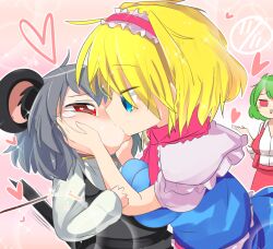 Rule 34 | 3girls, akira (cookie), alice margatroid, animal ears, black skirt, black vest, blonde hair, blue dress, blue eyes, blush, breasts, capelet, commentary request, cookie (touhou), dress, frilled capelet, frilled hairband, frills, green hair, grey hair, hairband, hands on another&#039;s cheeks, hands on another&#039;s face, heart, heart-shaped pupils, ichigo (cookie), kazami yuuka, large breasts, lets0020, long sleeves, looking at another, medium bangs, mouse ears, mouse girl, mouse tail, multiple girls, nazrin, nyon (cookie), open clothes, open mouth, open vest, pink background, pink hairband, red eyes, red skirt, red vest, shirt, short hair, skirt, skirt set, smile, sparkle, stiff tail, symbol-shaped pupils, tail, touhou, upper body, vest, white capelet, white shirt, yuri