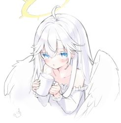 Rule 34 | 1girl, ahoge, angel, blue eyes, colored eyelashes, cup, feathered wings, hair between eyes, halo, highres, indie virtual youtuber, long hair, long sleeves, mashiro rei, mug, open mouth, retorillo, solo, virtual youtuber, white background, white hair, white theme, wings