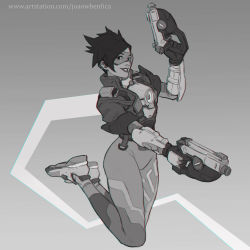 Rule 34 | 1girl, absurdres, artist name, cropped jacket, feet up, gloves, goggles, gradient background, grey background, greyscale, gun, hair ornament, hand up, highres, holding, holding gun, holding weapon, jacket, joaowbenfica, long sleeves, monochrome, overwatch, overwatch 1, pants, parted lips, shoes, short hair, smile, solo, teeth, tracer (overwatch), watermark, weapon, web address
