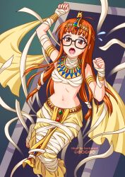 Rule 34 | 1girl, armlet, bandages, black-framed eyewear, blunt bangs, bracelet, breasts, brown eyes, burbur, commentary, cosplay, diadem, egyptian clothes, english commentary, flying sweatdrops, glasses, highres, jewelry, long hair, looking at viewer, mummy, navel, open mouth, orange hair, paid reward available, pelvic curtain, persona, persona 5, restrained, sakura futaba, shadow futaba, shadow futaba (cosplay), small breasts, solo, stomach, usekh collar