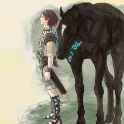 Rule 34 | 1boy, agro, bandages, hairband, horse, red hair, shadow of the colossus, sheath, sheathed, short hair, sword, tabard, wander (shadow of the colossus), weapon, youken