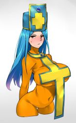 Rule 34 | 1girl, aqua hair, bakkanki, blue hair, blush, bodysuit, breasts, commentary request, cross, dragon quest, dragon quest iii, hat, huge breasts, long hair, looking at viewer, mitre, orange bodysuit, priest (dq3), red eyes, simple background, skin tight, solo
