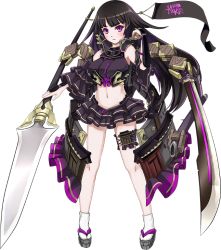 Rule 34 | 1girl, artist request, bare shoulders, black hair, blush, breasts, detached sleeves, frilled skirt, frilled sleeves, frills, full body, holding, holding spear, holding weapon, large breasts, long hair, midriff, miniskirt, navel, official art, oshiro project:re, oshiro project:re, polearm, purple eyes, sawayama (oshiro project), skirt, solo, spear, standing, transparent background, very long hair, weapon