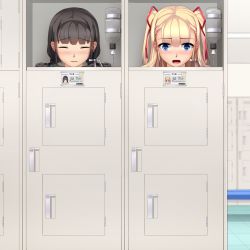 Rule 34 | 2girls, black hair, blonde hair, blue eyes, blush, braid, eto, closed eyes, highres, in container, in locker, locker, long hair, looking at viewer, multiple girls, open mouth, original, restrained, smile, stationary restraints, twin braids, twintails, two side up