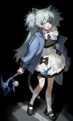 Rule 34 | 1girl, animal ears, apron, axe, black bow, black dress, black footwear, blood, blood on clothes, blood on face, bloody weapon, blue blood, blue eyes, blue jacket, bow, bowtie, breasts, cat ears, cat girl, cat tail, collared shirt, dress, footwear bow, frost fog, full body, grey hair, hair between eyes, highres, holding, holding axe, jacket, layered clothes, long hair, long sleeves, looking at viewer, maid, medium breasts, name tag, off shoulder, open clothes, open jacket, open mouth, original, platform footwear, platform heels, shadow, shirt, sidelocks, socks, solo, tail, tented shirt, track jacket, traditional bowtie, twintails, waist apron, weapon, white apron, white bow, white bowtie, white shirt, white socks, zipper