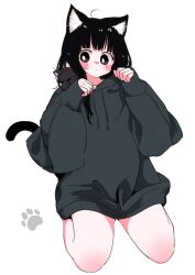 Rule 34 | 1girl, ahoge, animal, animal ears, animal on shoulder, bare legs, black cat, black eyes, black hair, blunt bangs, blush stickers, cat, cat ears, cat girl, cat tail, dot mouth, dot nose, full body, grey hoodie, highres, hood, hoodie, looking to the side, megateru, original, oversized clothes, paw pose, paw print, seiza, sitting, solo, tail, thighs, white background