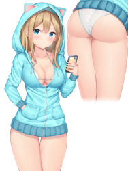 Rule 34 | 1girl, animal ears, animal hood, ass, bachibachi (tisen), back, blonde hair, blue eyes, breasts, cellphone, cleavage, closed mouth, commentary, cropped legs, girls&#039; frontline, green jacket, hair ornament, hairband, hand in pocket, highres, holding, holding phone, hood, jacket, jewelry, long hair, looking at viewer, medium breasts, multiple views, panties, phone, ring, sidelocks, simple background, smartphone, snowflake hair ornament, standing, suomi (girls&#039; frontline), swimsuit, swimsuit under clothes, thigh gap, thighs, underwear, white background, zoom layer