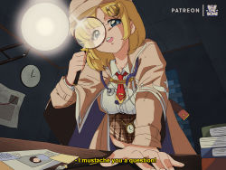 Rule 34 | 1990s (style), 1girl, :d, artist name, blonde hair, blue eyes, bluethebone, book, book stack, breasts, brown capelet, brown coat, brown headwear, brown skirt, capelet, clock, coat, collared shirt, commentary, desk lamp, english commentary, english text, foreshortening, glint, hair ornament, hairclip, holding, hololive, hololive english, indoors, lamp, leaning forward, long sleeves, looking at viewer, magnifying glass, medium breasts, miniskirt, necktie, open clothes, open coat, open mouth, paper, patreon username, plaid, plaid skirt, pocket watch, pun, red necktie, retro artstyle, round teeth, shirt, short hair, skirt, smile, solo, stethoscope, subtitled, table, teeth, upper teeth only, virtual youtuber, watch, watson amelia, watson amelia (1st costume), white shirt, wooden table