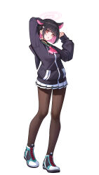Rule 34 | 1girl, absurdres, animal ears, arm up, black hair, black jacket, black pantyhose, blue archive, blush, cat ears, cat girl, colored inner hair, commentary request, cross-laced footwear, extra ears, hair ornament, hairclip, halo, highres, hood, hood down, hooded jacket, jacket, kazusa (blue archive), long sleeves, looking at viewer, menck5428, multicolored footwear, multicolored hair, neckerchief, open mouth, pantyhose, pink eyes, pink hair, pink halo, pink neckerchief, pleated skirt, puffy long sleeves, puffy sleeves, short hair, simple background, skirt, solo, standing, thighs, white background, white skirt