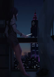 Rule 34 | bl/ess, black cat, black hair, cat, cityscape, clock, clock tower, curtains, facing away, full body, gloves, highres, indoors, jill stingray, long hair, long sleeves, looking outside, night, night sky, no shoes, pencil skirt, skirt, sky, standing, stingray, tower, va-11 hall-a, white gloves